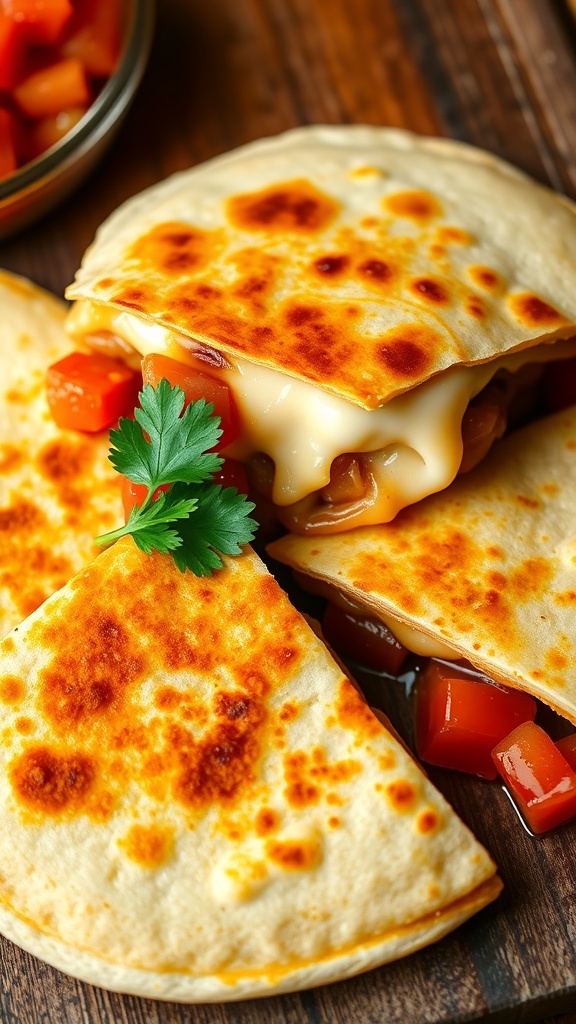 Cheesy Quesadilla with Corn Tortillas Cheesy quesadilla with corn tortillas, cut into wedges, served with salsa on a wooden table.